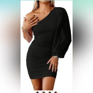 Women's One Shoulder Puff Long Sleeve Ruched Mini Dress